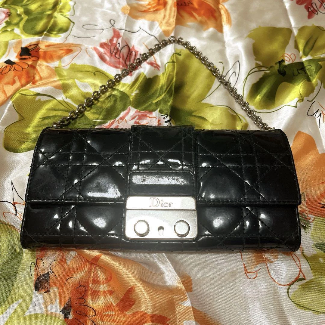CHRISTIAN DIOR Sac à bandoulière portefeuille en cuir cannage sur chaîne noir