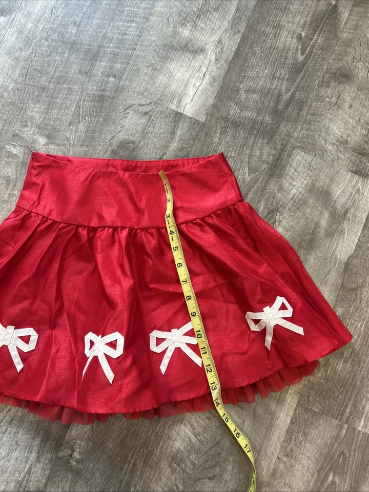 Satin Red White Bow Hartstrings Skirt Elastic Pull On GIRLS Sz 8 Holiday Party - Image 4 of 4