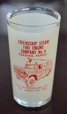 VINTAGE FRIENDSHIP STEAM FIRE ENGINE CO NO 4, READING WATER GLASS - 1973 ANNIV.
