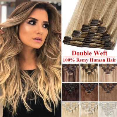 Double Weft THICK Full Head Human Hair Seamless Clip in Remy Hair Extensions USA