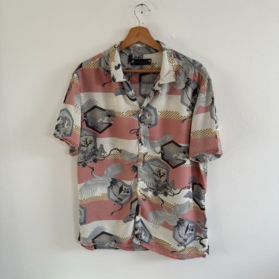 All Saints Shield SS Shirt Men s Medium Pink White Viscose Bird Print Camp Cuban