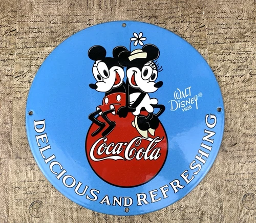 VINTAGE 12" COCA-COLA MICKEY & MINNIE MOUSE COKE SODA POP OIL PORCELAIN GAS SIGN