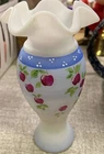 Fenton 9’’ Vase With Rim And Scalloped Top. Hand Painted By P Rider