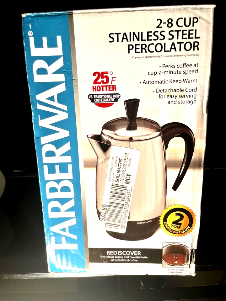 Farberware Percolador de Café Eléctrico Automático 8 Tazas, Cesta de Acero Inoxidable - Nuevo Foto 3 de 4