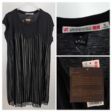 2013 Uniqlo UT G.V.G.V. Pleated Mesh Striped Shirt Tunic Mini Dress Black XL NWT