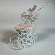 Vintage Miniature Dollhouse Metal Baby Carriage Buggy Stroller with Baby USED