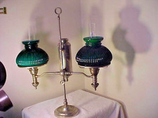Antique 19c MANHATTAN Double Student Lamp green ribbed Shades in ORIGINAL OIL