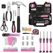 132 Piece Pink Household Tool Set General Household Hand Tool Kit with Plasti...