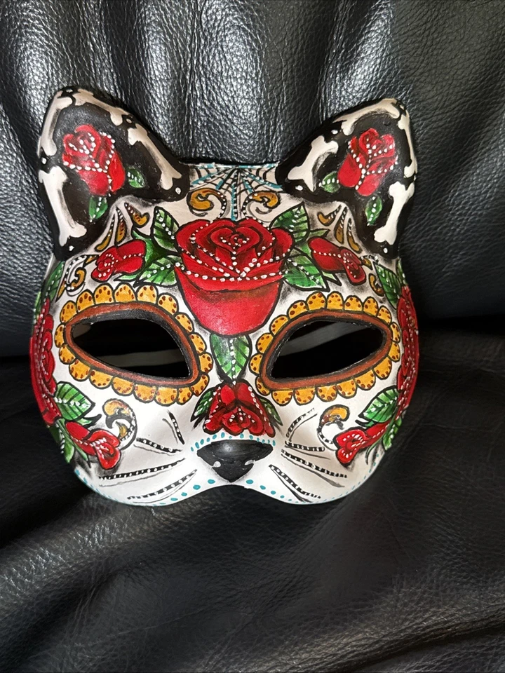 Day of the Dead Dia de los Muertos Cat Costume Masquerade Mask [Red] - Image 3 of 4