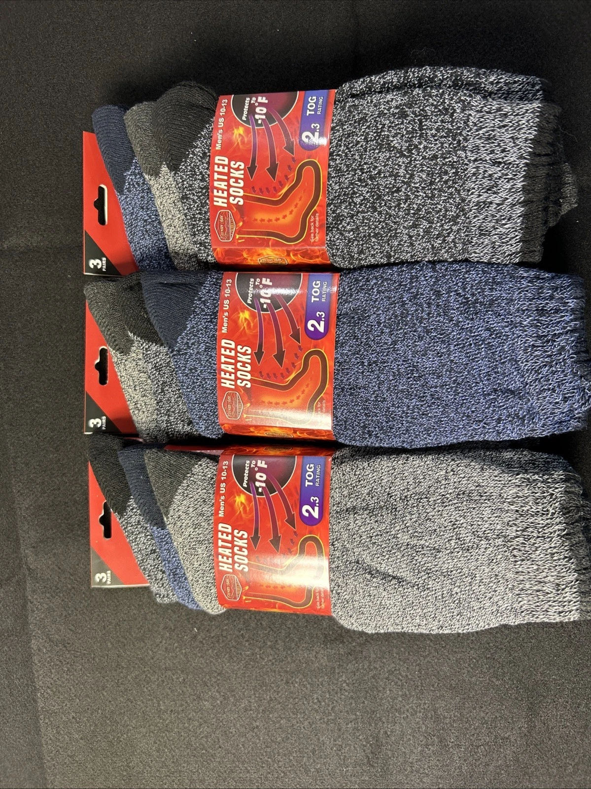 Men’s Heated Socks, 3 Packages W/ 3 Pair Each Sz 10-13