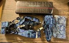 HISDERN Bow Tie And Suspenders Set Blue Paisley Jacquard Adjustable OPEN BOX
