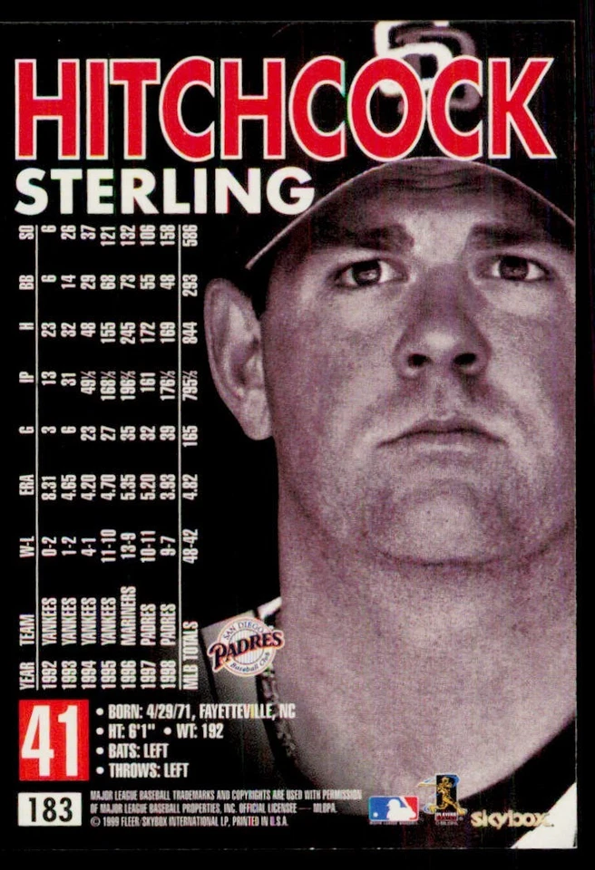  1999 SkyBox Premium #183 Sterling Hitchcock San Diego Padres Baseball Card - Image 2 of 2