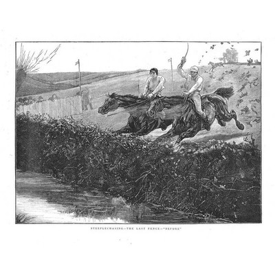 PFERDERENNEN Steiljagd letzten Zaun vorher & nachher - 2x antike Drucke 1874