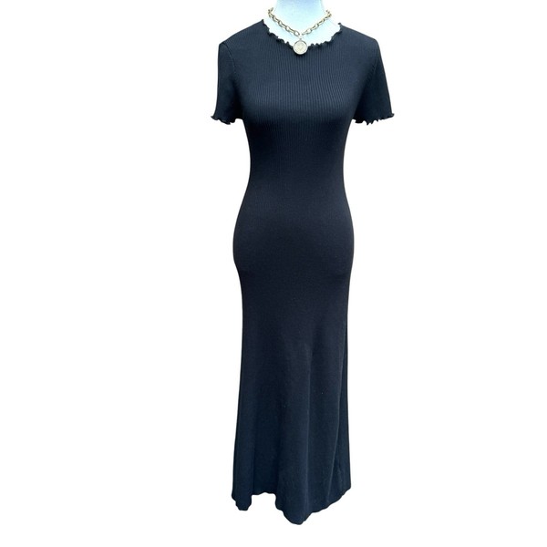Dissh XXL Black Rib Knit Maxi Dress Lettuce Edge Short Sleeve Bodycon Stretch