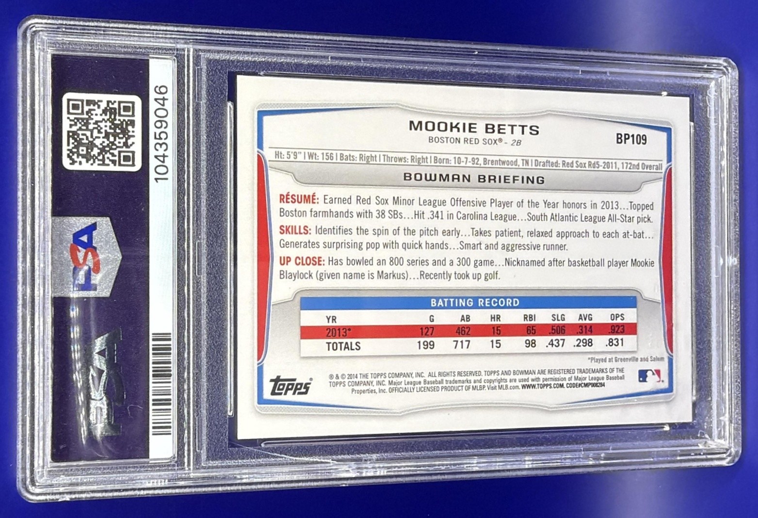 2014 Bowman Mookie Betts #BP109 Prospects RC Red Sox PSA 9 view 2