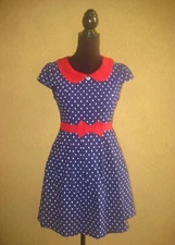 Sourpuss retro navy white dots red collar/waistband fit/flare pockets dress S
