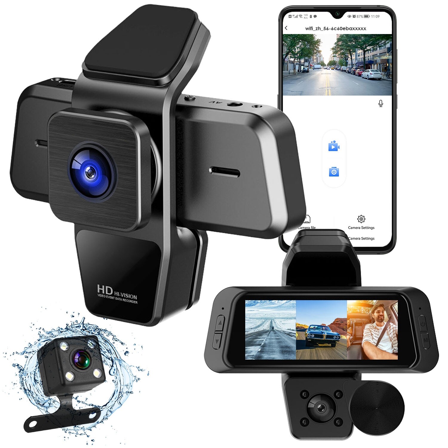 3 Channel Dash Cam for Car Front Rear, 2.0" IPS Screen Dashboard Camera Recorder