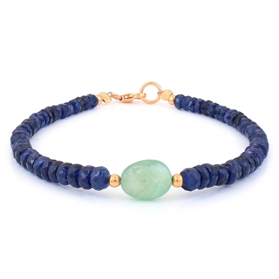 Brazalete de diseño con cuentas de piedras preciosas de zafiro azul y esmeralda natural de plata 925 Foto 4 de 4