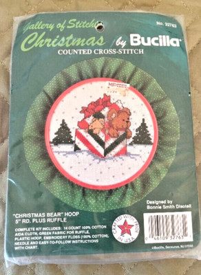 Bucilla Counted Cross Stitch Christmas Bear Hoop Ruffle Sealed Kit Floss 32763