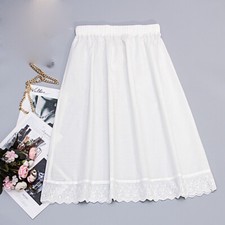 Lady Cotton Underskirt Half Waist Slip Embroidery Lace Trim White Soft Petticoat
