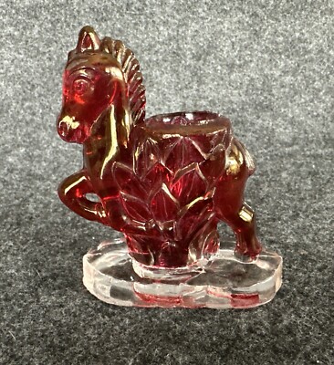 Vtg. L. E. Smith Ruby Flash Glass Prancing Horse Candlestick or Toothpick Holder