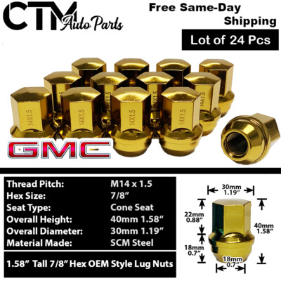 24x Gold GMC Chevy OEM Factory Lug Nut 14x1.5 Fit 6-Lug C1500/2500 K1500/2500