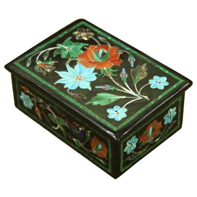 Kyna Crafts Schmuckdose Marmor Schwarz Floral Art Deco Pillbox, Rechteck