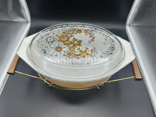 Vintage Pyrex Floral Bubbles Promo Cinderella Oval Casserole Dish, Lid & Cradle