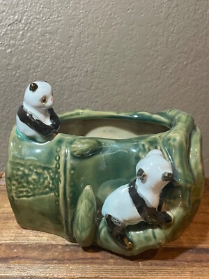 Vintage Lucky Bamboo Pandas Green Glaze Ceramic Pottery Planter Signed ...