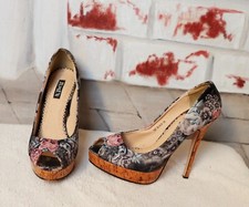 Graue Jumex  Rosa Blumen High Heel Plateau Korkoptik Peeptoe  38 39 UK 5,5