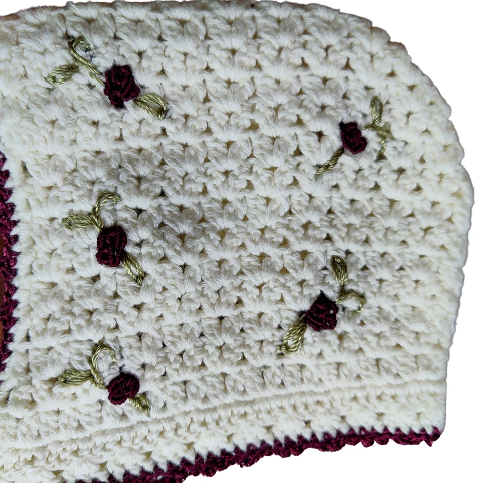 Vintage Handmade Crochet Baby Girl Rose Accent Burgundy White Tie Hat Cap Bonnet - Image 4 of 4