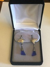 Vintage hand made Sterling Fish earrings w/ cobalt blue "sea" glass triangles