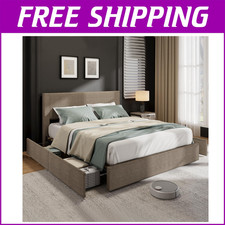 Upholstered Full Size Platform Bed Frame with 4 Storage Drawers and Headboard