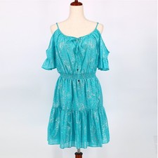 Michael Kors Women Foil Turquoise Cotton Cold-Shoulder Ruffle Mini Dress Size S