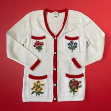 Vtg 1992 Susan Bristol Hand Embroidered Floral Preppy Classic Cardigan Sweater M