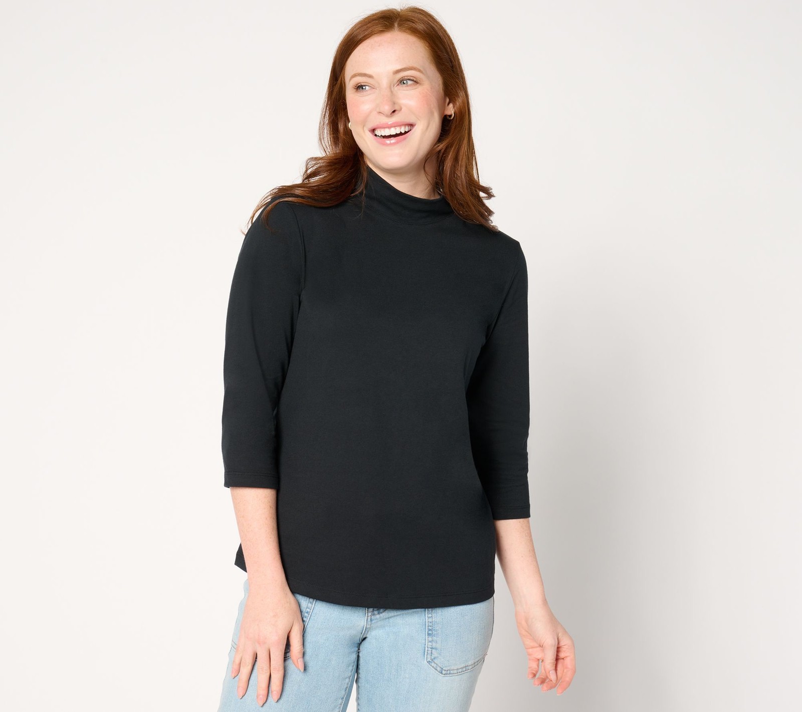 Denim & Co. Women's Top Sz M Essentials Perfect Jersey Sleeve Mock Black A670888