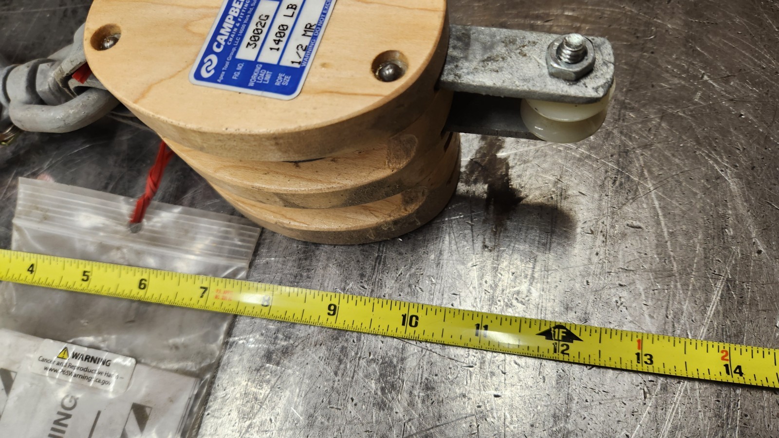 Campbell 7206934 3002G  1400-lb Double Pulley Wood Block Tackle  1/2" Rope NEW