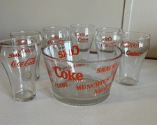 Vintage Coca-Cola branded glass snack bowl and 6  tumblers set. New