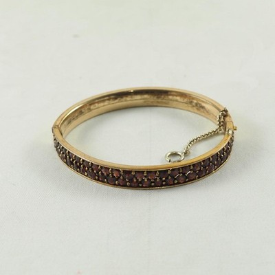 Antique Bohemian Garnet Medium Wrist Hinged Bangle Bracelet 10K Yellow Gold Over