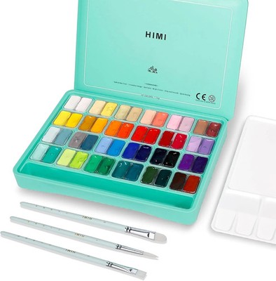 HIMI Gouache Paint Set, 48 Colors x 0.4oz, Twin Cup Jelly Design, bouns 3 Brushe