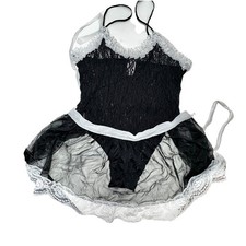 VTG Y2K 2pc Lace French Maid Teddy Lingerie Halloween Ruffle Black Auth. sz M