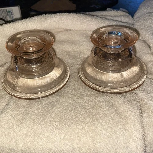 Vintage Depression Federal Glass Pink Madrid Candlestick Holder Set Of 2 Tapered