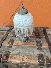 Vintage Metal Accent Lamp w/ Victorian Frosted Glass Beaded Fringe Shade 13” BH