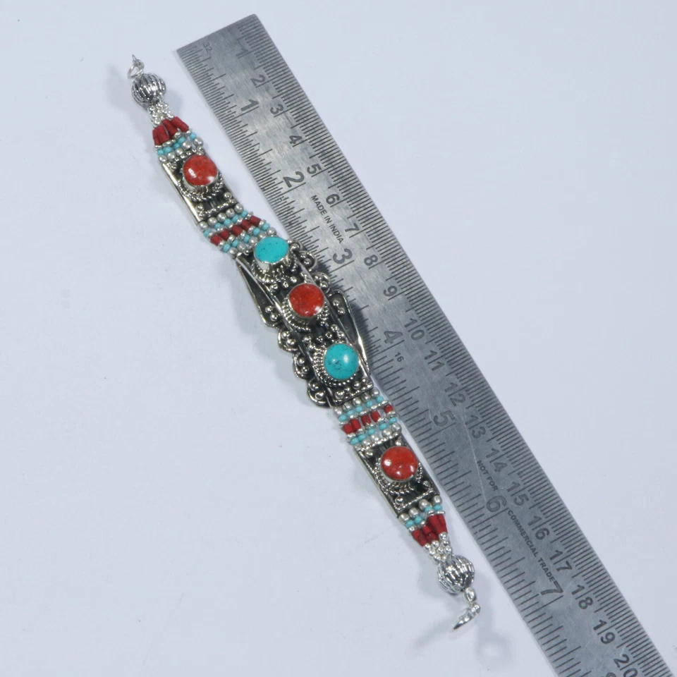 Handmade Tibetan Silver bracelet with round Turquoise and Coral gemstones - Image 4 of 4