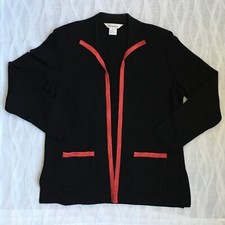 Misook Knit Cardigan L Open Front Jacket Black Orange Trim Career Office Korea