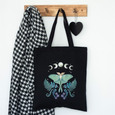 Dark Forest Luna Motte Mondphasen schwarz Polycotton Canvas Beuteltasche Einkaufstasche