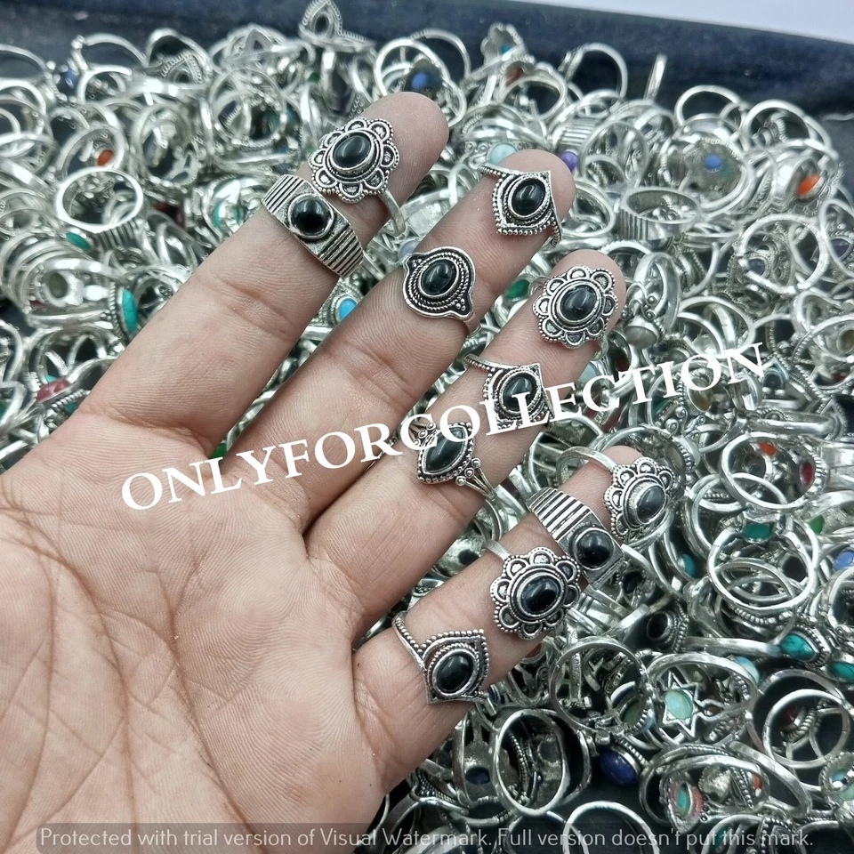 Impresionante Lote de Anillos Boho Al Por Mayor Piedras Preciosas de Ónix Negro Chapados en Plata de Ley 925 Foto 3 de 3