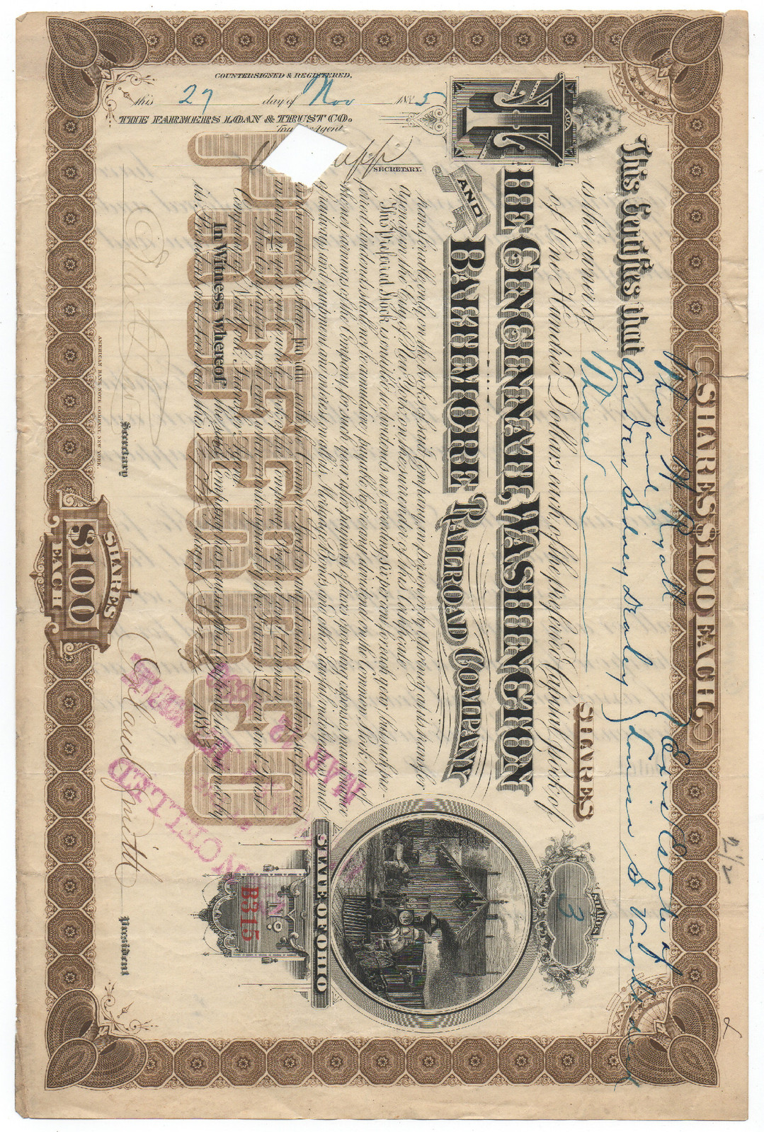 1890 Cincinnati Washington & Baltimore Railroad Company Stock Vintage Collectible