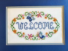 Vintage Completed Cross stitch Welcome Butterflies On White Linen/matted. 1988