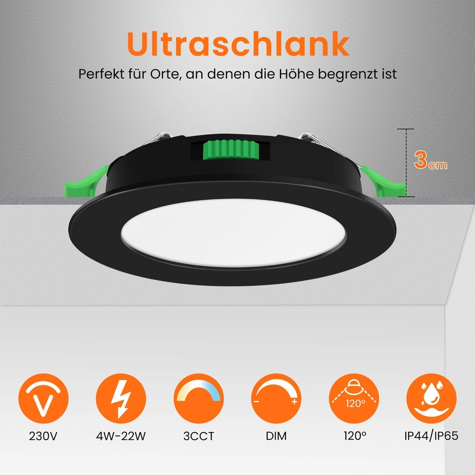 1-24x Led Einbaustrahler Dimmbar 4W-22W 3CCT Flach Slim Bad Einbau Spot Schwarz - Bild 3 von 4